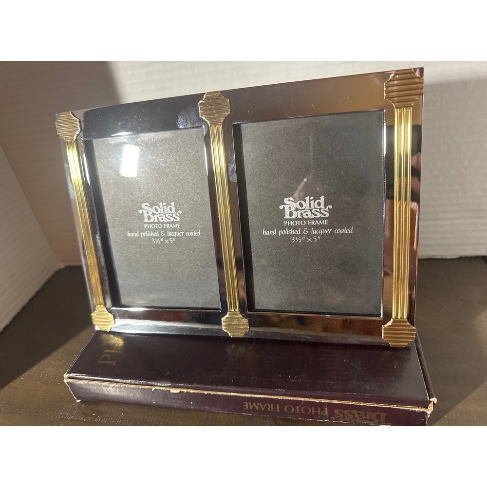 Vintage Solid Brass Double Photo Frame 3.5x5 Silver Gold Two Tone Ribbed NEW